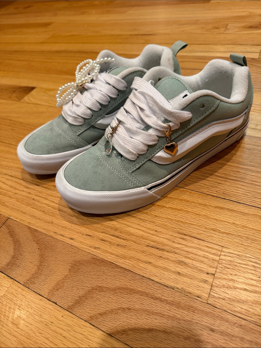 Vans Knu Skool Sage Green and White Low-Top Skate Sneakers with original charms